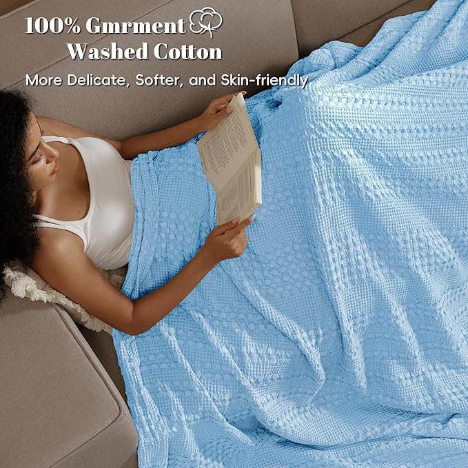 PHF 100% Cotton Waffle Weave Blanket Twin Size, Soft Lightweight Breathable Cozy Summer Blankets for Bed, Luxury Aesthetic Woven Bedding for Home Decor, 66"x90", Sky Blue