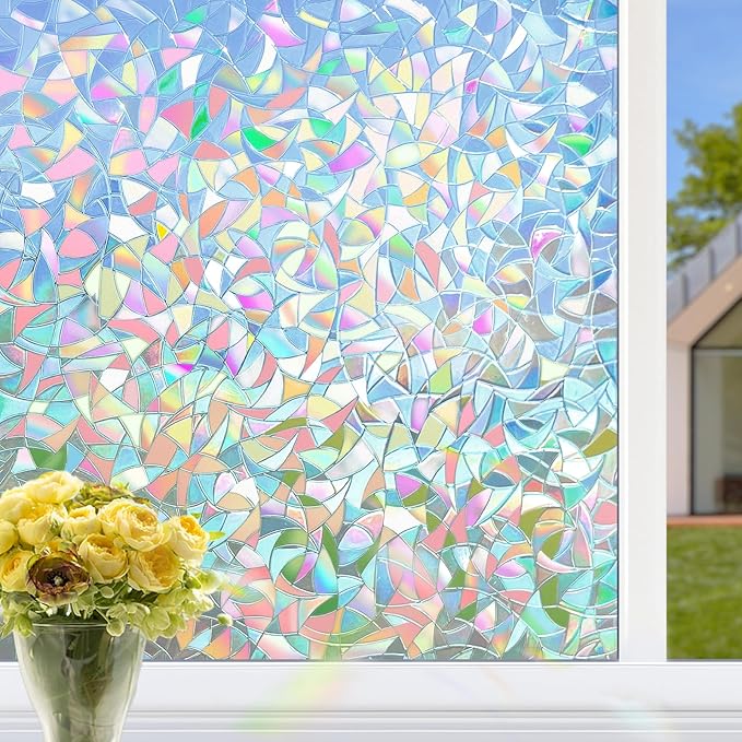 HIDBEA Window Privacy Film Static Clings, Rainbow Window Film, 3D Decals Non-Adhesive Window Vinyl Film for Home Door, 35.4 Inch × 6.5 Feet