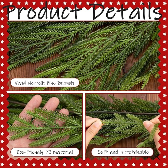 Watayo 4 Pcs Christmas Norfolk Pine Garland, 6 Ft Dense Real Touch Pine Garland Ornament, Realistic Artificial Pines Greenery Garlands for Mantle, Table, Fireplace, Indoor, Outdoor Xmas Decoration