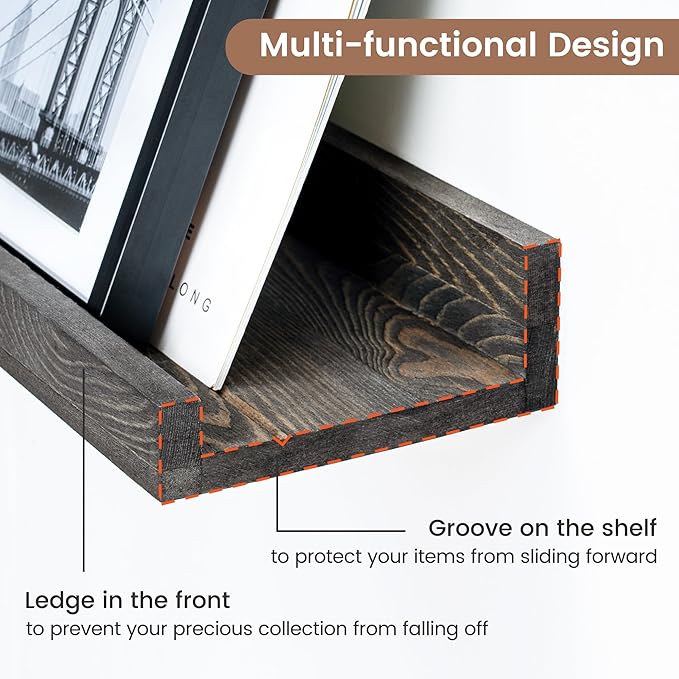 Picture Ledge Wall Shelves - 24 Inch Width Set of 3, Solid Pine Wood Rustic Floating Ledge Shelves for Kids' Room, Bedroom, Kitchen, Bathroom, Living Room, Nursery Display Wall Decor, Grey