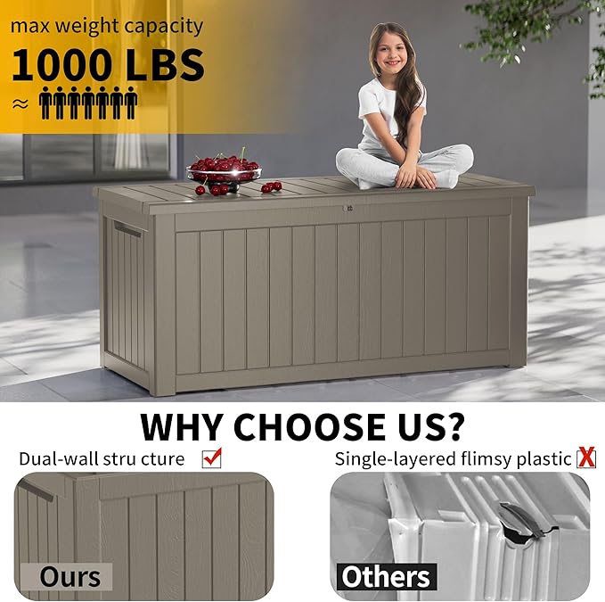 270 Gallon Outdoor Storage Box Patio Deck Box Waterproof, Resin Lockable Outside Large Storage Bin for Pool Cushion Furniture, Garden Tools UV-Resistant, Grey