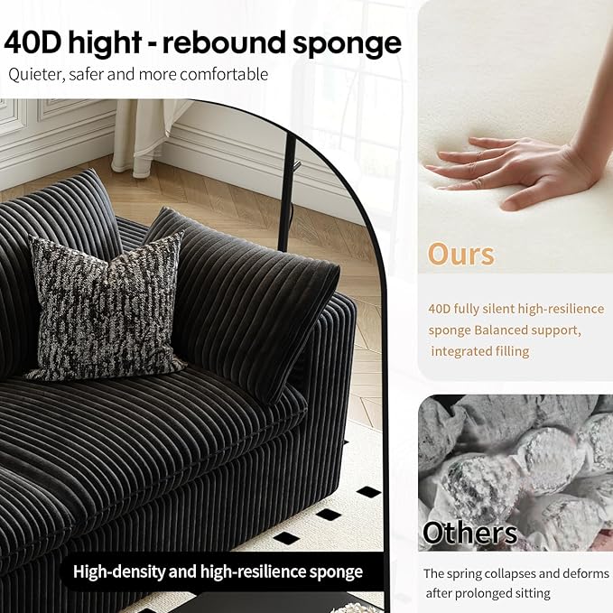 LoveSeat Cloud Couch Modular Sectional Sofa for Living Room,Modern Sofa with Deep Seat，2 Seater Boneless Couch,Comfy Upholstered Corduroy Couches for Apartment, Studio, Office,Bedroom，Black