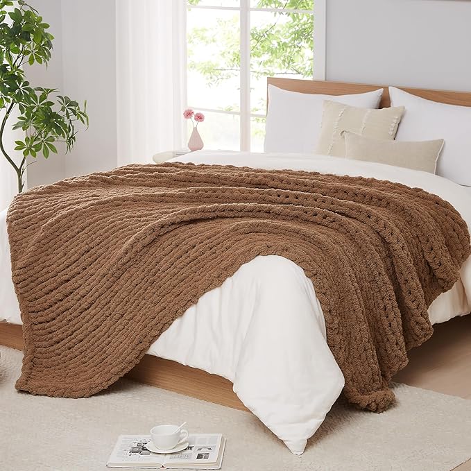 L'AGRATY Chunky Knit Blanket Throw: 72''x84'' Chenille Chunky Knitted Throw Blanket for Bed Couch - Handmade Thick Big Cable Knit Blanket - Large Chunky Crochet Rope Blanket for Home Decor(Brown)