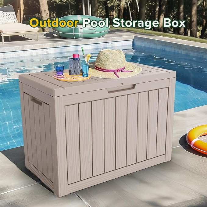 45 Gallon Resin Deck Box, Lockable Patio Outdoor Storage Box for Furniture, Garden Tools and Tools Storage, Waterproof Outside Storage Boxes - Grey