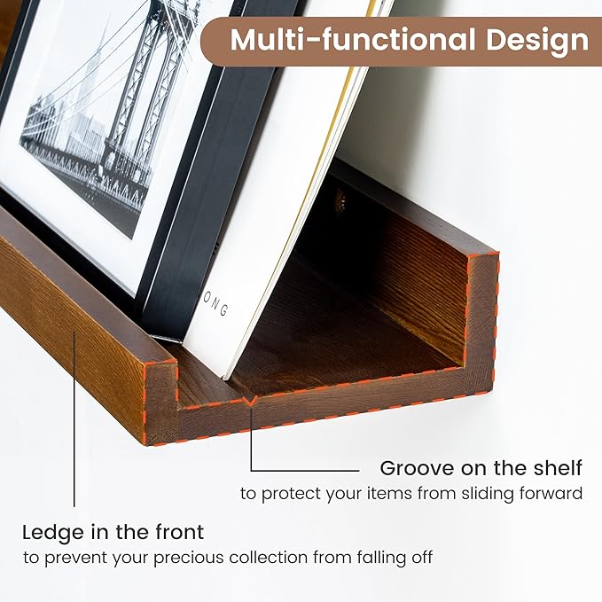 Picture Ledge Wall Shelves 56 inches Width Set of 3, Solid Pine Wood Rustic Floating Ledge Shelves for Wall for Kids' Room Bedroom Kitchen Bathroom Long Floating Shelves for Wall Decor, Walnut