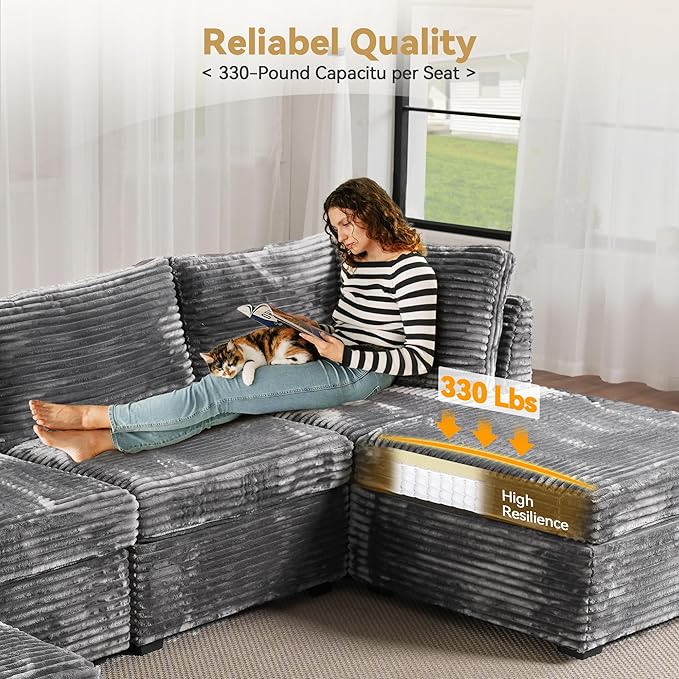 Modular Sectional Sofa with Chaise U Shaped Sectional Couch for Living Room, 5-Seater Comfy Cloud Couches, Plush Corduroy, Gray