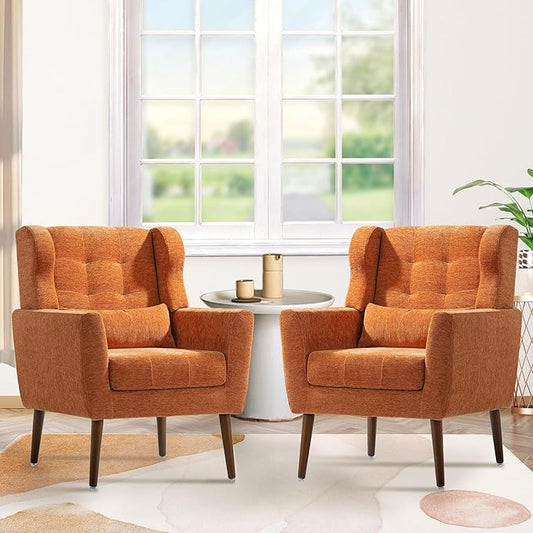 Accent Chair Set of 2, Upholstered Armchair with Pillow, Fabric Single Sofa Chair with Lounge Seat and Wood Legs Accent Chair for Living Room Small Spaces (Orange, Set of 2)