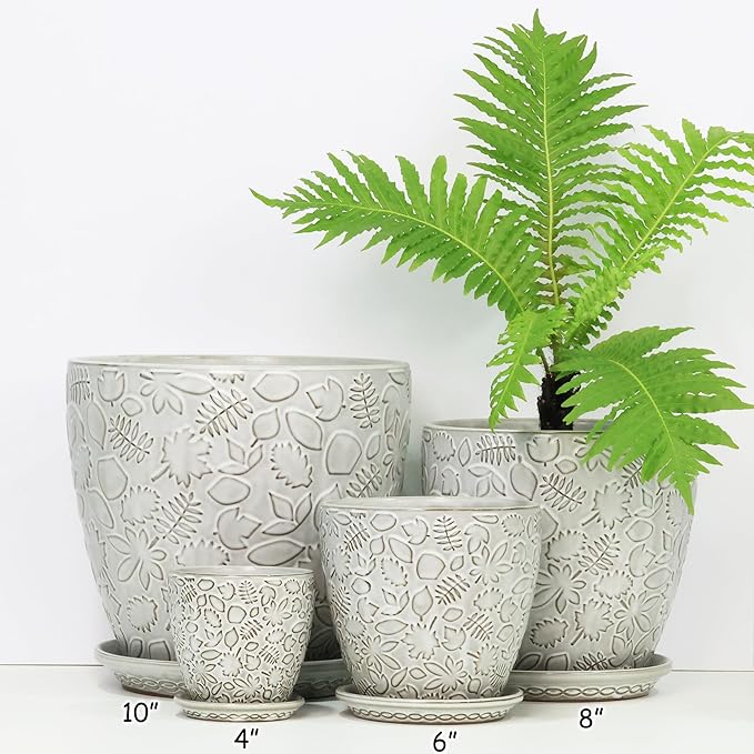 8 Inch + 6 Inch Retro Ceramic Planter Set of 2 with Drainage Hole and Saucer for Multiple Plants, Indoor-Outdoor Garden Pots for Succulent, Orchid, and Flower (Retro White)