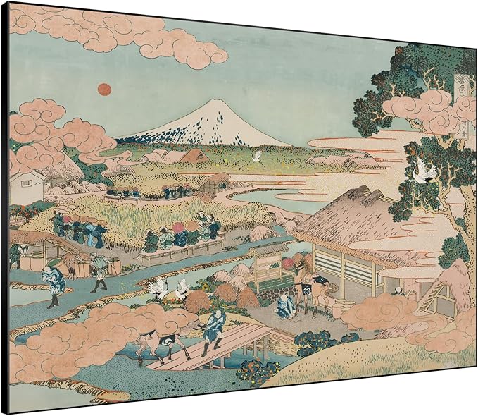 SIGNWIN 36"x46" Extra Large Framed Wall Art Japanese Ukiyo-e Landscape, Timeless Mt. Fuji Scene for Zen-Inspired or Asian-Style Interiors for Home Living Room Bedroom Decor (Frame Assembly Required)