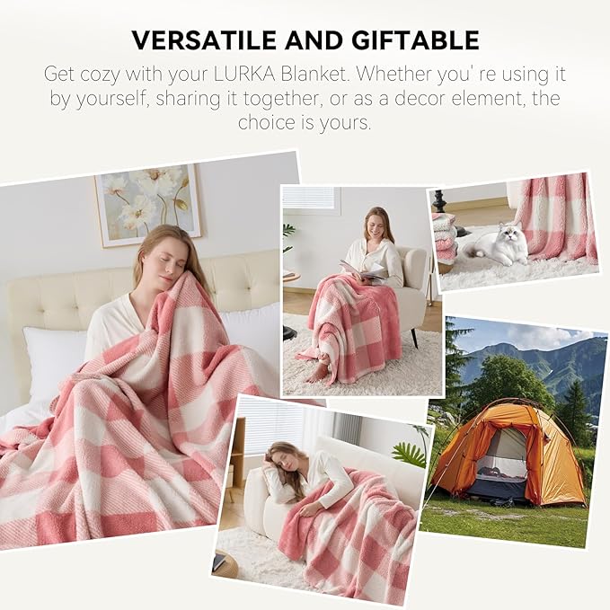 LURKA Checkered Sherpa Fleece Throw Blanket - Extra Thick and Warm Winter Soft Fuzzy Plush Blanket for Couches, Beds & Pets, Powder Pink, 50x60 Inches