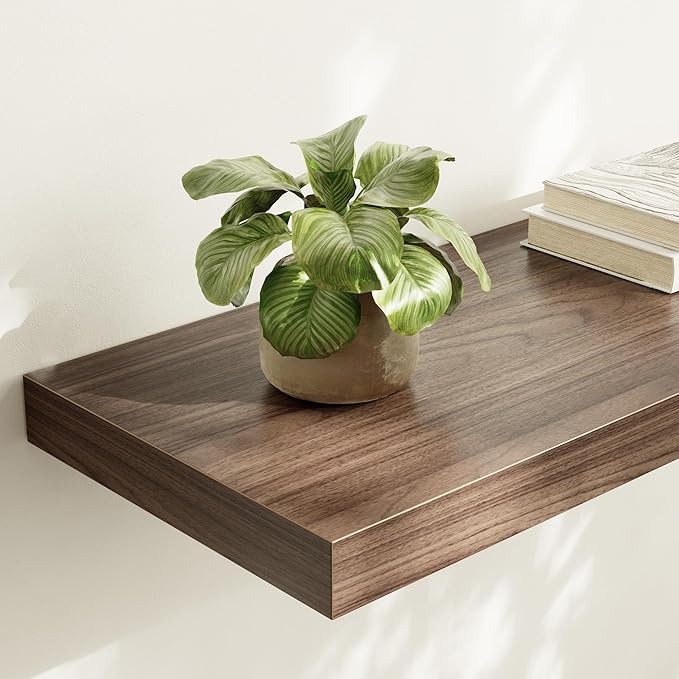 Large Floating Shelves for Wall Set of 1 Wooden Wall Shelves 24 in x 12.75 in x 2 in Room Decor Long Shelf with Invisible Wall Mount Bracket for Bedroom Kitchen Living Room Walnut
