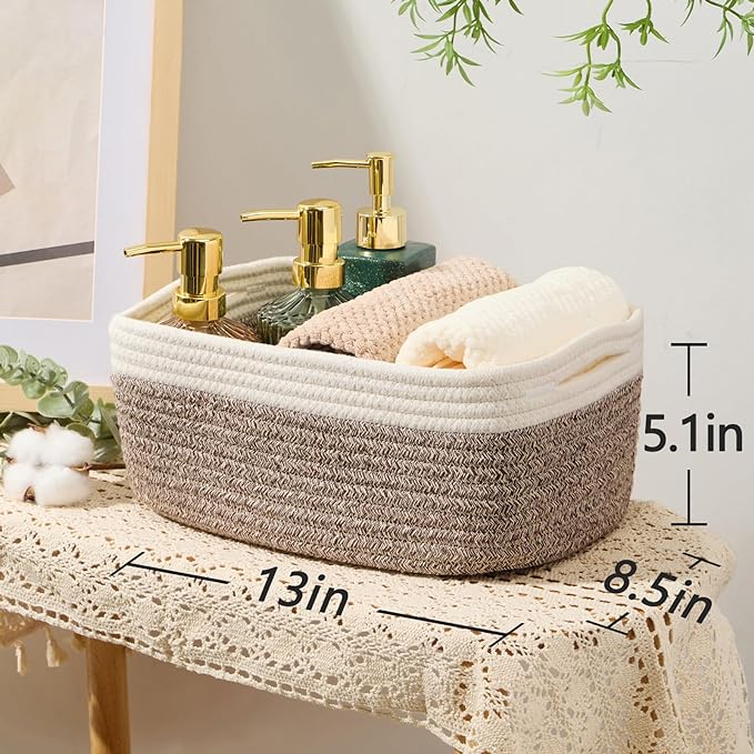 Small Storage Baskets for Organizing | Closet Organizer Bins | Shelf Toy Basket | Woven Rope Baskets | Cube Decorative Box | Shallow Basket | 13x8.5x5.1” | 4 Packs White Brown