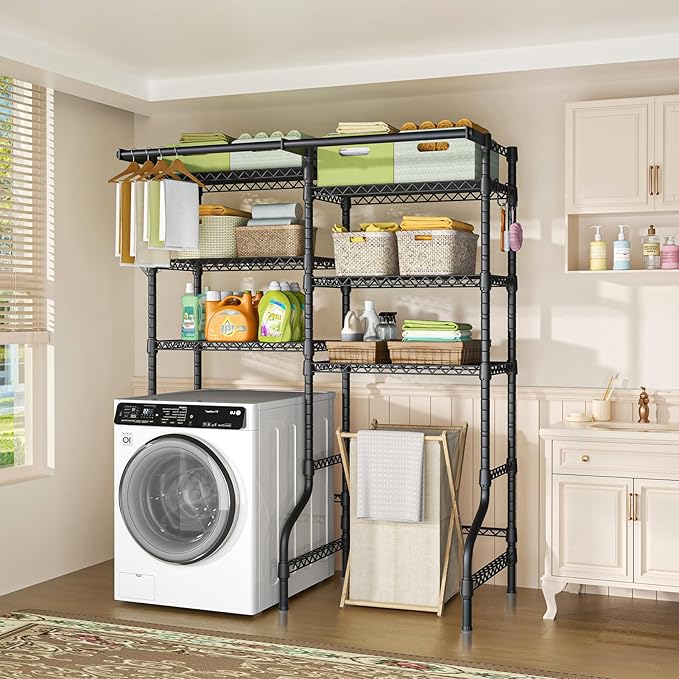 Ulif U13 Medium Over Washer and Dryer Storage Shelves, 6 Tiers Laundry Room Standing Shelf with 2 Hanger Rods, Space Saver Clothes Drying Rack, 57.8" W x 22" D x 77.4" H, Black