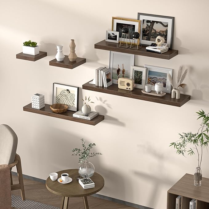 Square Floating Shelves for Wall, 8" W x 8" D x 1.2" H, Small Wooden Wall Mounted Display Shelves with Invisible Brackets for Living Room, Bedroom, Bathroom, Kitchen Decor, Set of 4, Walnut