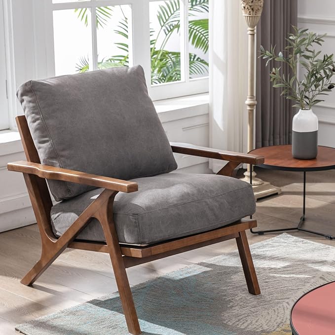 Wahson Mid Century Chair, Upholstered Accent Armchair, with Wood Frame and Canvas Cushions, Leisure Slipper Chair for Living Room/Bedroom, Grey