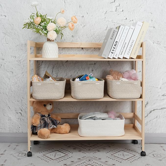 Small Woven Storage Baskets 12“X8”X5“ Decorative Rope Bins for Organizing Shelves, Closets, and Toys, Empty Gift Baskets, Cute Organizer Basket for Home and Office (oatmeal, regular)