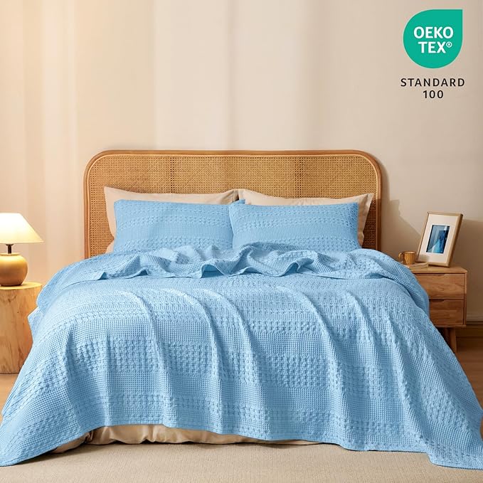 PHF 100% Cotton Waffle Weave Blanket Queen Size, Soft Lightweight Breathable Cozy Summer Blankets for Bed, Luxury Aesthetic Woven Bedding for Home Decor, 90"x90", Sky Blue