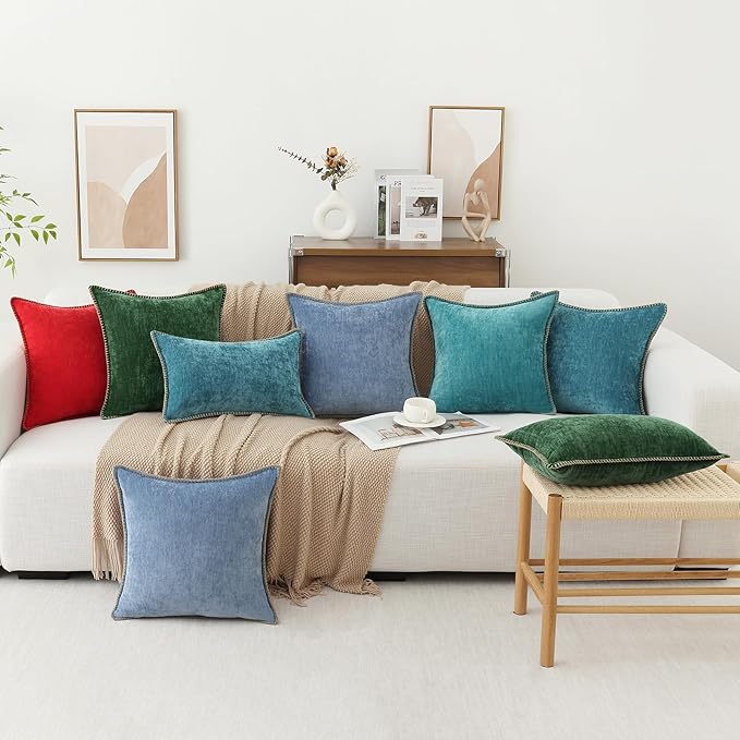 decorUhome Chenille Soft Throw Pillow Covers 24x24 Set of 2, Farmhouse Velvet Neutral Decorative Euro Pillow Covers with Stitched Edge for Couch Sofa Bed Home Decor, Teal