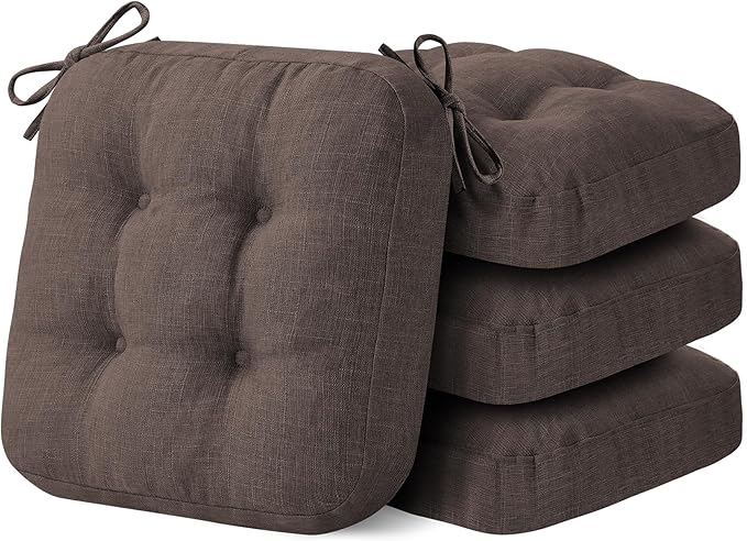 Chair Cushions for Dining Chairs, Dining Chair Cushions, Tufted Indoor Chair Pads with Ties & Non Slip Backing, Seat Cushions for Kitchen Chairs 16.5” x 16.5” x 3.5”, Set of 4, Brown