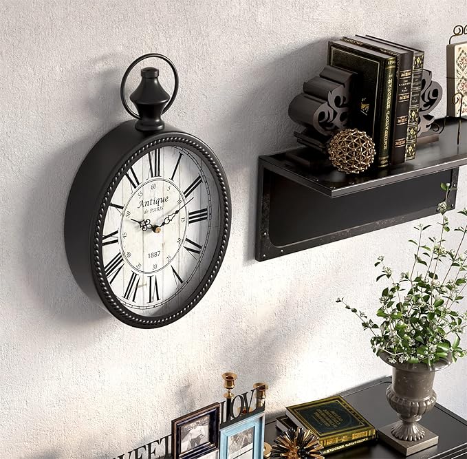 Menterry Small Retro Oval Wall Clock, Antique Old Design, Black Vintage Style, Battery Operated Silent Decor Wall Clocks for Kitchen,Bedroom,Farmhouse,Bathroom (11.2" H x 6.7" W)
