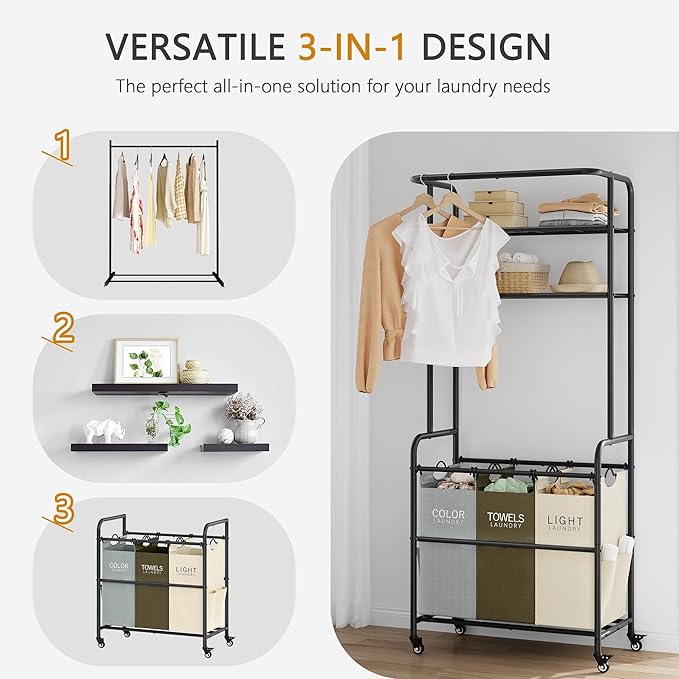 Laundry Sorter 3 Section,Laundry Hamper Cart with Hanging Rack & Removable Bags,Heavy Duty Laundry Basket Organizer with Wheels & 2 Tier Shelf,3 Colors