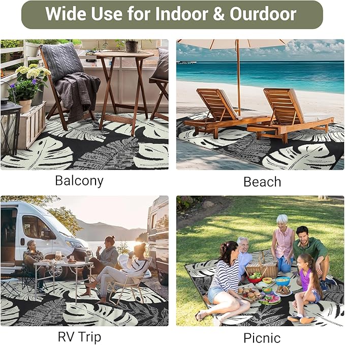GAOMON Waterproof Plastic Straw Rug 9x12 Outdoor Rug for Patio, Reversible Modern Camping Mat with Bag & Stakes, UV Resistant & Easy to Clean Outdoor Carpet for RV, Deck, Balcony, Beige