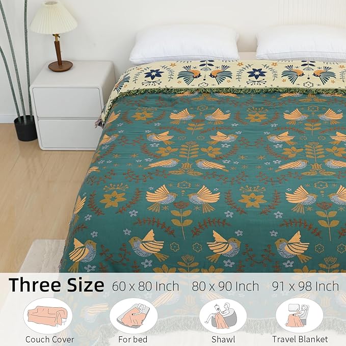 Boho Throw Blanket for Bed, 100% Pure Cotton Ultra Soft Rustic Quilt, Farmhouse Decor Bed Blankets, All Season Rustic Throw for Sofa Couch Chair(80''x 90'', Bird A)
