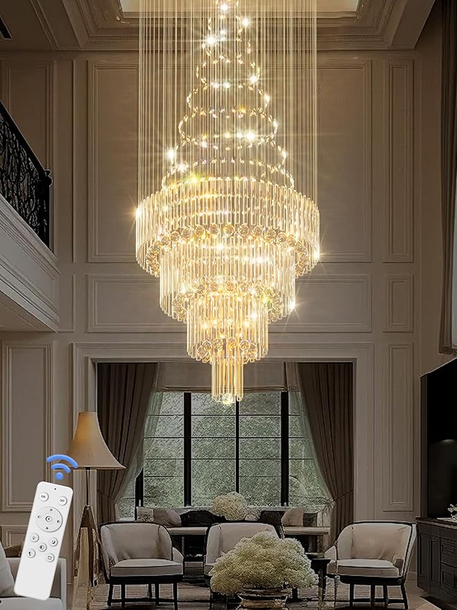 D32''X H100'' Modern Crystal Raindrop Gold Chandelier Lighting for Entrance, Stairs, Doorway, Crystal Ornament Chandelier Can be Used on Sloping Ceiling