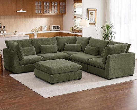 Oversized Modular Sofa, Extra Deep Cloud Chenille Sectional Couch with Ottoman Chaise, Fluffy Chenille Corner V Shape Sofa for Living Room, Villa (Corner V Shape+Ottoman, Chenille Green)