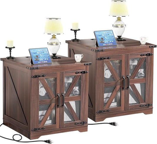 Farmhouse End Table Set of 2, 24" Large Sofa Side Table with Charging Station, Mesh Barn Door, Rustic Wood Nightstand with Adjustable Storage Shelf, Square Nightstand for Living Room