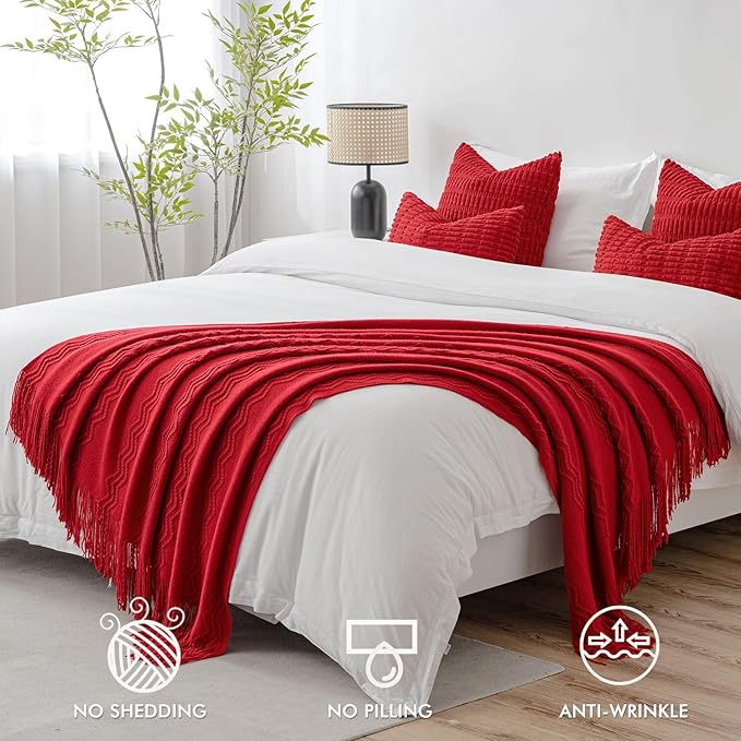MIULEE Red Knitted Throw Blanket for Couch Boho Textured Cozy Woven Blanket with Tassels for Sofa Chair Bed Living Room Acrylic Wave Pattern 60"x80"