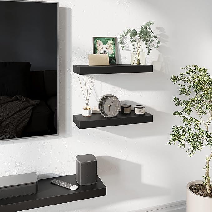 BAMEOS Floating Shelves, Black Wall Mounted Wooden Shelves with Invisible Brackets Set of 2, Hanging Wall Shelves Decoration for Bedroom, Bathroom, Living Room and Kitchen