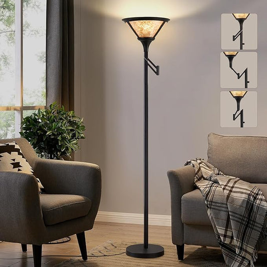 Floor Lamps for Living Room - 70" Black Torchiere Standing Floor Lamp with White Mica Shade - Tall Corner Lamp Decor for Bedroom with Adjustable Swing Arm LED Reading Light for Home Office