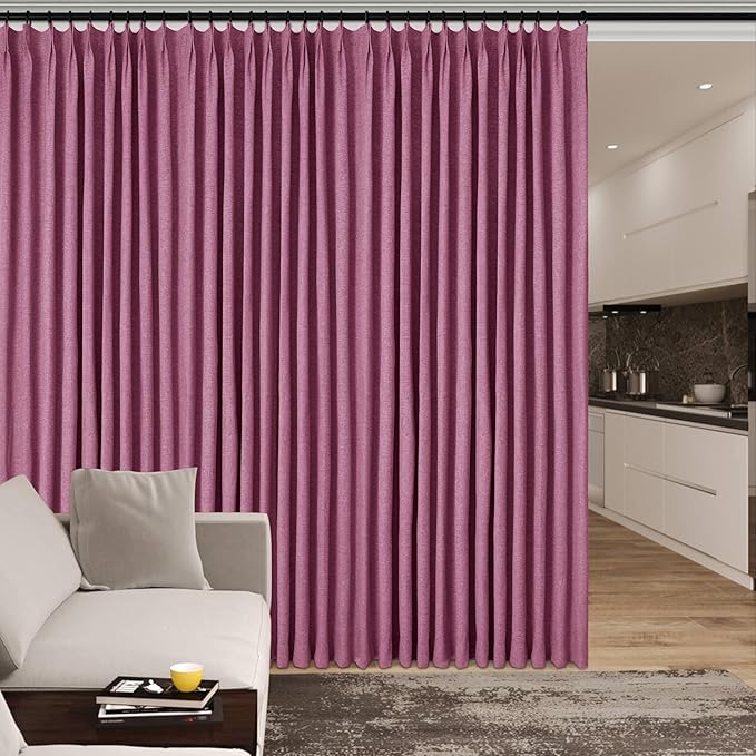 Full Blackout Privacy Curtains, 240 Inch Extra Wide Linen Blend Drapes, Pinch Pleat Window Drapery for Room Divider Storage/Space Room Separation, 1 Panel, W 240" x L 102", Lilac