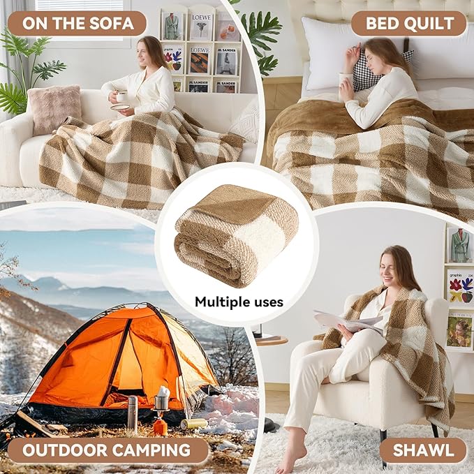 LURKA Checkered Sherpa Fleece Queen-Size Bed Blanket - Extra Thick and Warm Winter Soft Fuzzy Plush Blanket for Couches, Beds & Pets, Brown, 90x90 Inches