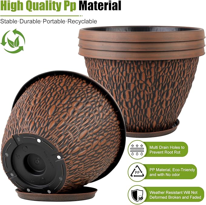 4 Pack Plant Pots Outdoor Indoor, 8 Inch Small Flower Pots with Drainage Hole & Tray, Thickened Plastic Outdoor Planters for Garden House Decor - Pebbles Pattern Design