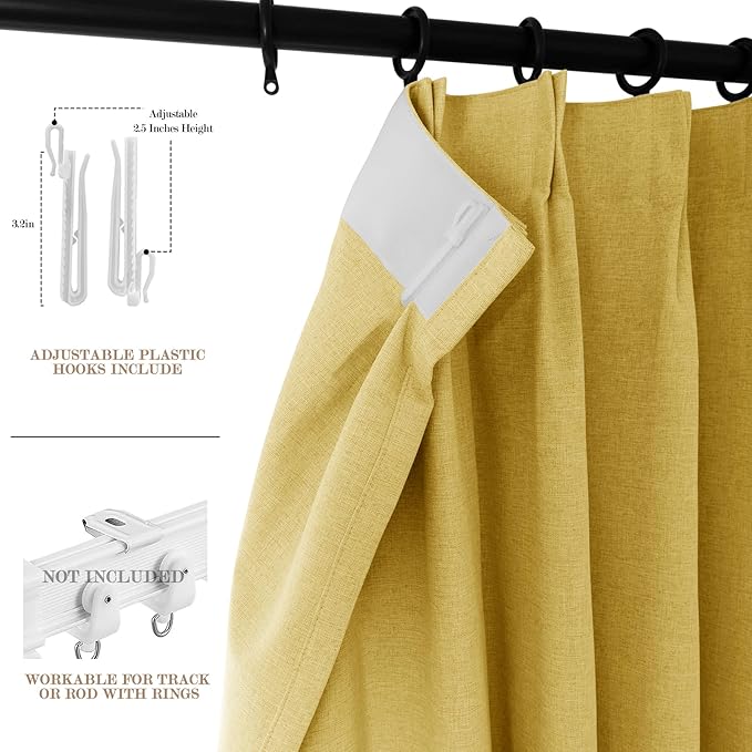 Extra Wide 100% Blackout Linen Textured Curtains - Room Dividers, W150 x L108 (1 Panel), Pinch Pleat Drapes for Living Room, Full Light Block Out Drapery for Sliding Door, Yellow