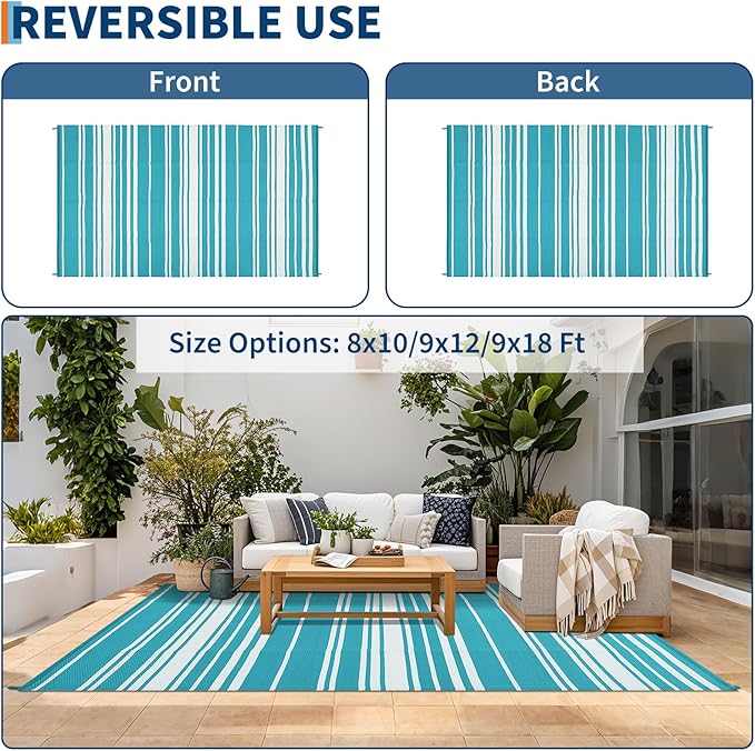 Outdoor Patio Rug 9x12 Stain-Resistant Reversible Camping Mat, Modern Striped Outdoor Plastic Straw Rug, Waterproof Outside Carpet, Easy to Clean for RV, Porch, Deck, Balcony, Light Blue