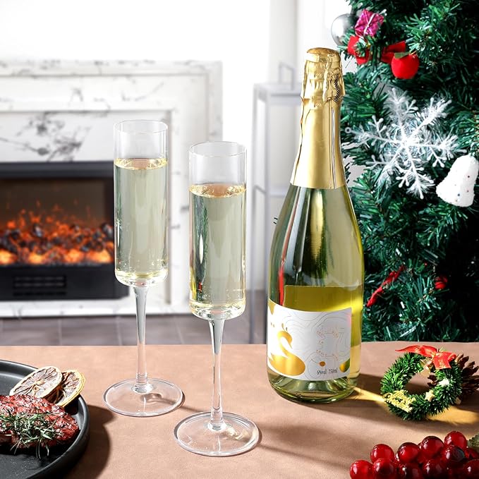 JYB&XY Champagne Flutes Set of 6 Hand Blown Elegant Champagne Glasses With Long Stem Elegant Sparkling Wine Stemware 6.5oz- for Women, Men, Wedding, Anniversary, Christmas, Birthday,Parties