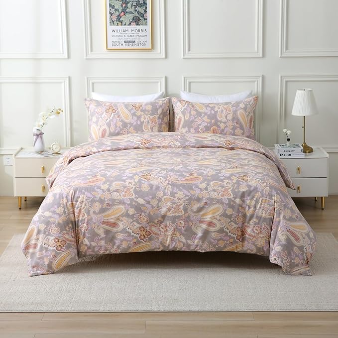 ABREEZE Paisley Bedding Sets 3Pcs Brushed Cotton Duvet Cover Set King Size Rustic Damask Gold Floral Comforter Cover with Zipper Closure Boho Bedding Collections