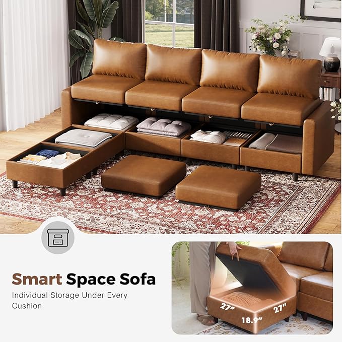 Oversized 172.5" Faux Leather Modular Sectional Sofa, Modern Large 11 Seater U Shaped Couch with Storage Seat with Reversible Chaise Deep Seat for Living Room DIY Combination - Brown