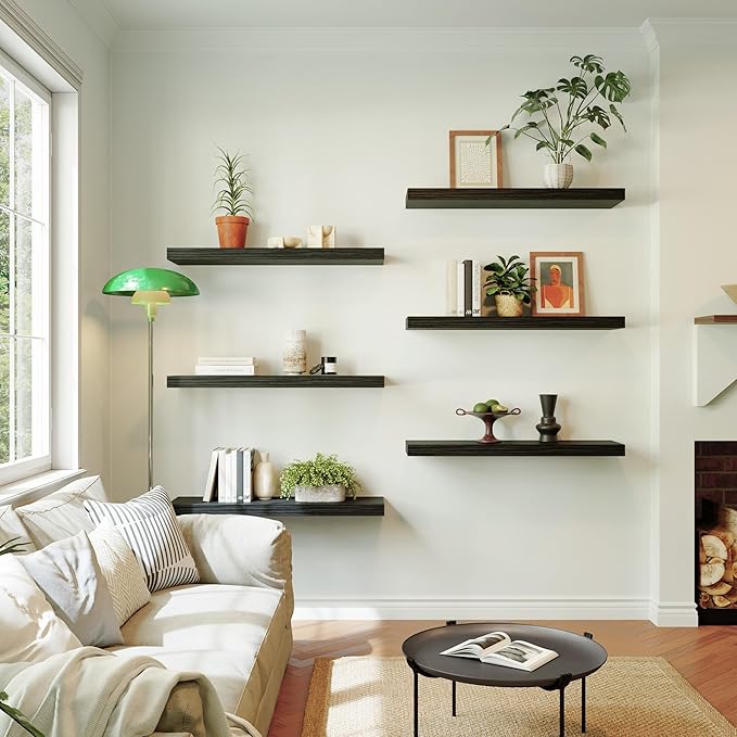 Large Floating Shelves for Wall Set of 3 Wooden Wall Shelves 24 in x 12.75 in x 2 in Room Decor Long Shelf with Invisible Wall Mount Bracket for Bedroom Kitchen Living Room Black Wood