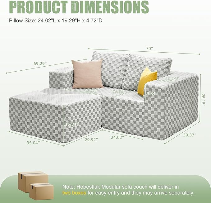 Hobestluk Modular Sectional Sofa Memory Foam Couch L Shape Sofa for Living Room Loveseat with Chaise Lounge Cloud Couch with Removable Cove (Plush GREYOLIVE, Loveseat with Chaise)