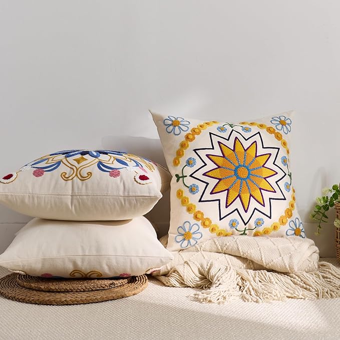 Embroidered Throw Pillow Cover 18x18 Classic Boho Floral Pattern Pillows Cover Outdoor Decorative Pillowcase,Durable Cozy Textured Cushion Case for Sofa Couch Bed Living Room,Yellow