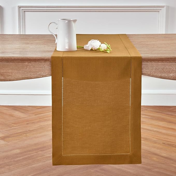 Solino Home Linen Brown Sugar Table Runner 90 Inches Long - 100% Pure Linen 14 x 90 Inch Table Runner for Fall, Autumn, Thanksgiving - Classic Hemstitch