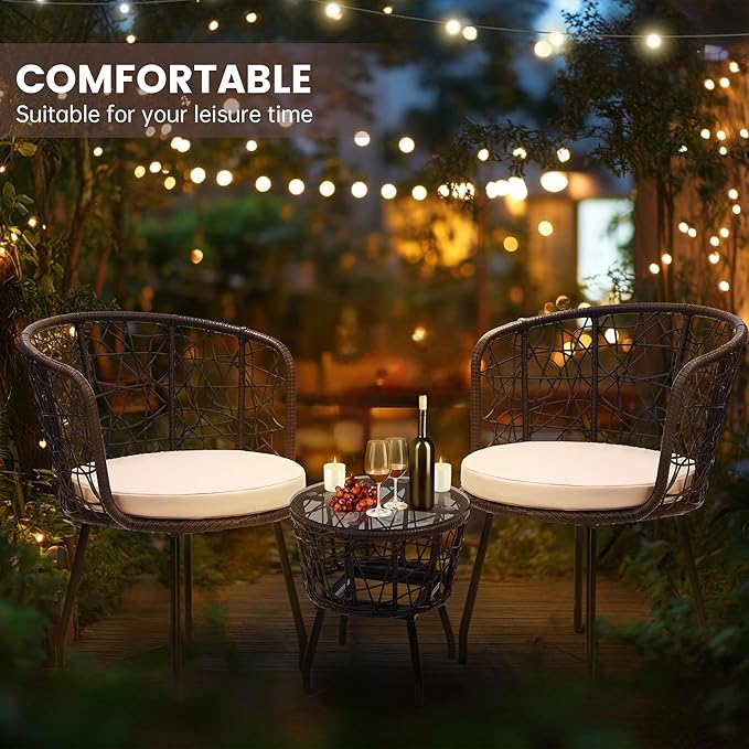 Kromax 3 Piece Bistro Set, Modern Outdoor Wicker Patio Furniture with Tempered Glass Table Top and 2 Chairs, Washable Cushions, Brown Rattan and Begie Cushion