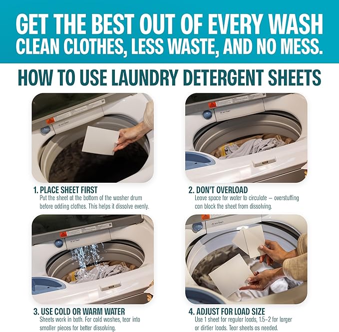 Sudstainables Laundry Detergent Sheets (60 Loads) – Eco-Friendly, Zero Waste, Plastic-Free Laundry Washing Machines Soap Sheets; Dissolvable, Space-Saving Strips for Travel (Fresh Linen)