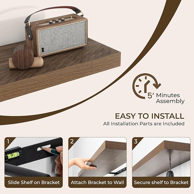 RICHFOCUS 72Inch Floating Shelves for Wall 2 Pack Shelves for Bedroom|Kitchen|Bathroom Wall Mounted Rustic Wood Floating Shelf with Invisible Brackets for Books|Storage|Decor, Walnut