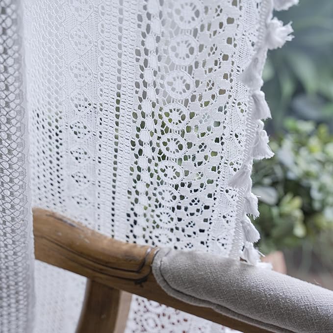 Sutuo Home White Boho Curtains Crochet Lace Semi-Sheer Bohemian Hollow Knitted Handmade Tassels, Rod Pocket Window Treatment Vintage Rustic Farmhouse Drapes for Glass Slide Door, 1 Panel 59" W x 90" L