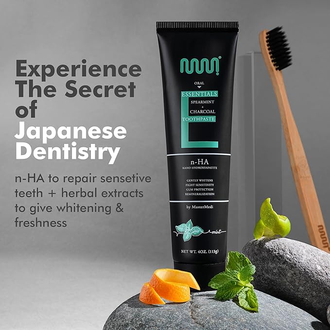 MasterMedi Charcoal Toothpaste with Nano Hydroxyapatite – Fluoride Free, SLS Free, Sensitive Whitening, Enamel Support, Spearmint Flavor, Dentist Recommended, 4 oz (Pack of 3)